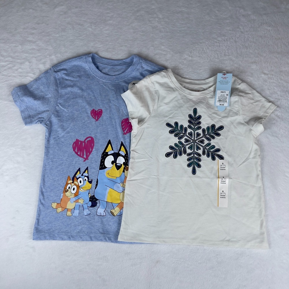 Lot of 2 Cat & Jack T-Shirt S Toddler Girl White Blue Short Sleeve Cozy Pullover